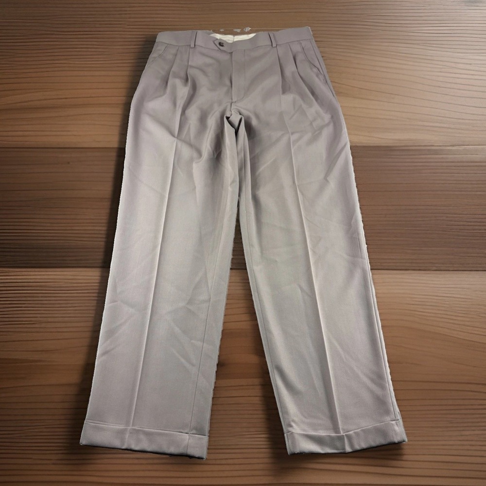 Joseph Feiss Wool Blend Dress Pants Mens 36x32 Brown Pleated Cuffed Slacks Chino